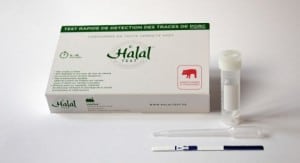 n a similar style to a pregnancy test, the test consists of a strip which the consumer must put into a glass of warm water containing a sample of food. Photo: halaltest.fr