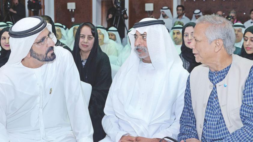  From left, Prime Minister of UAE Sheikh Mohammed bin Rashid Al Maktoum, Minister for Culture, Youth and Social Development Sheikh Nahyan bin Mubarak Al Nahyan and Nobel Laureate Muhammad Yunus attend the launch of Sheikh Mohammed bin Rashid Al Maktoum Global Initiatives Foundation in Dubai on October 4. Photo: Yunus Centre 